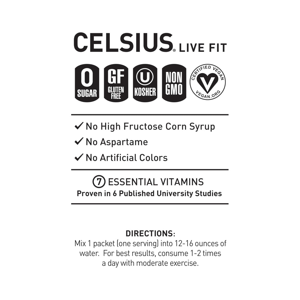 Celsius On-the-Go powder near a bottle demonstrates quick hydration and flavor