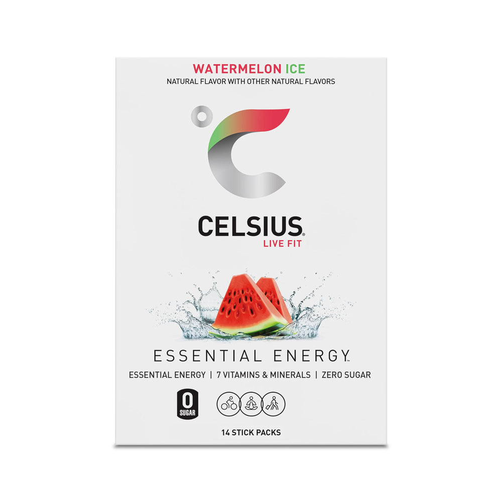 Close-up of CELSIUS powder sticks highlighting easy pre-workout energy on the go.