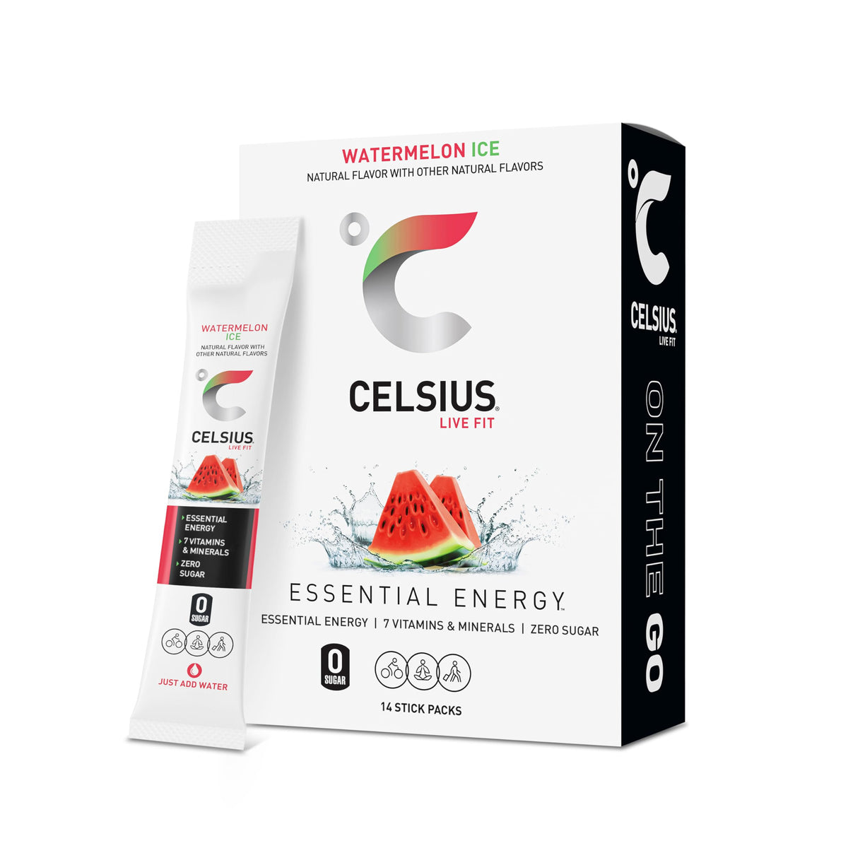 CELSIUS On-the-Go Watermelon Ice powder sticks pack provides convenient energy on the move.