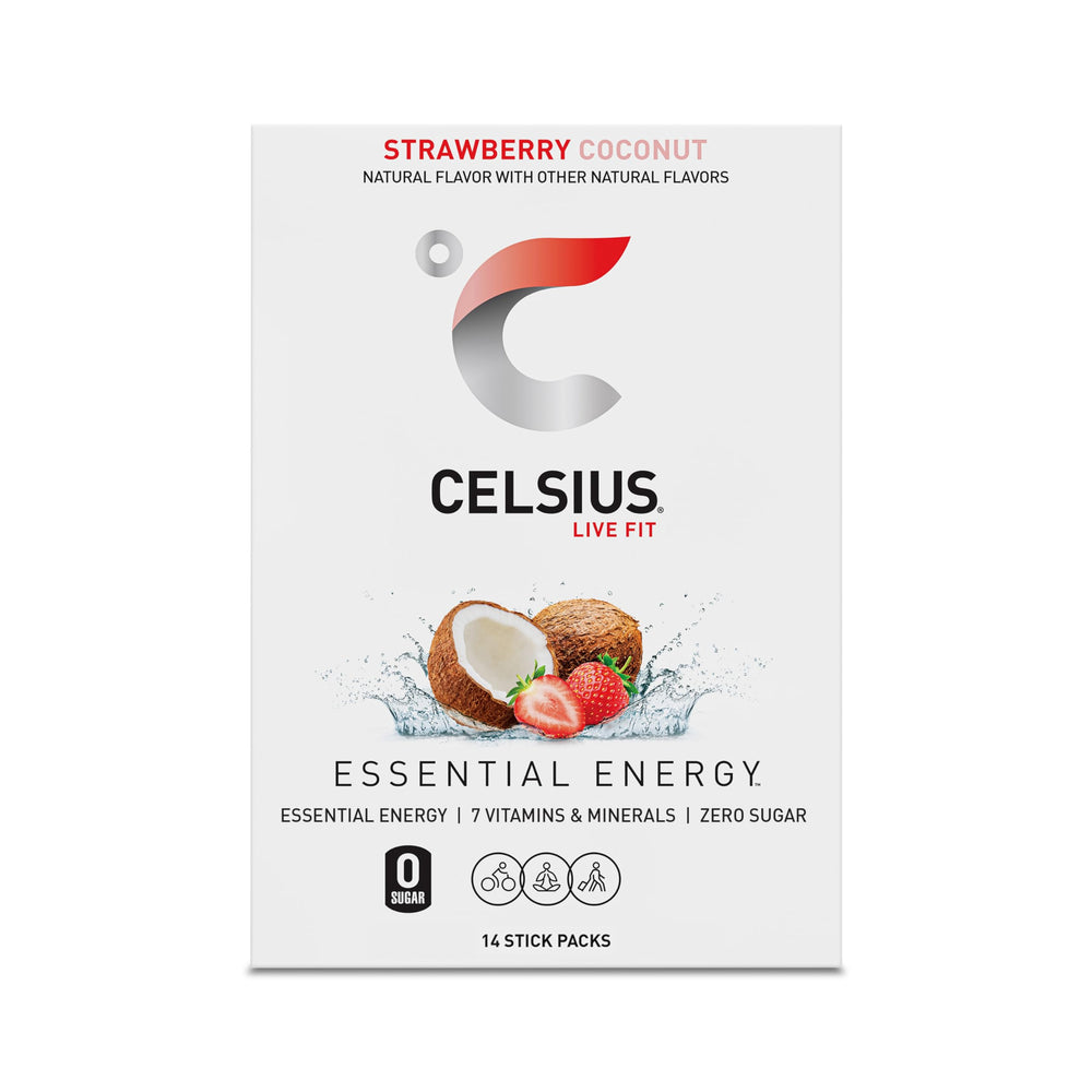 CELSIUS On-the-Go strawberry coconut mix offers tropical energy.