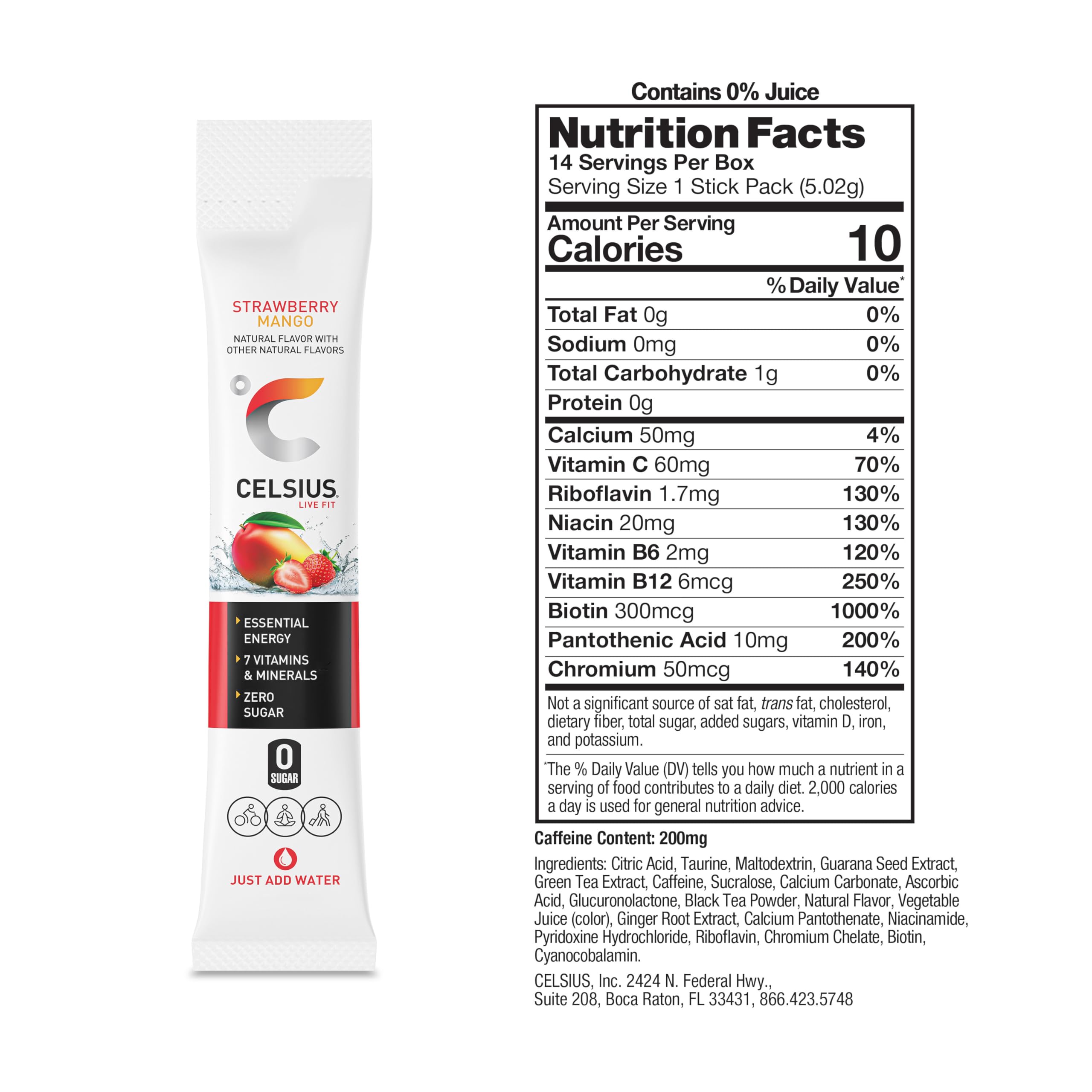 Celsius On-the-Go Strawberry Mango dissolving in water for a tasty energy drink.