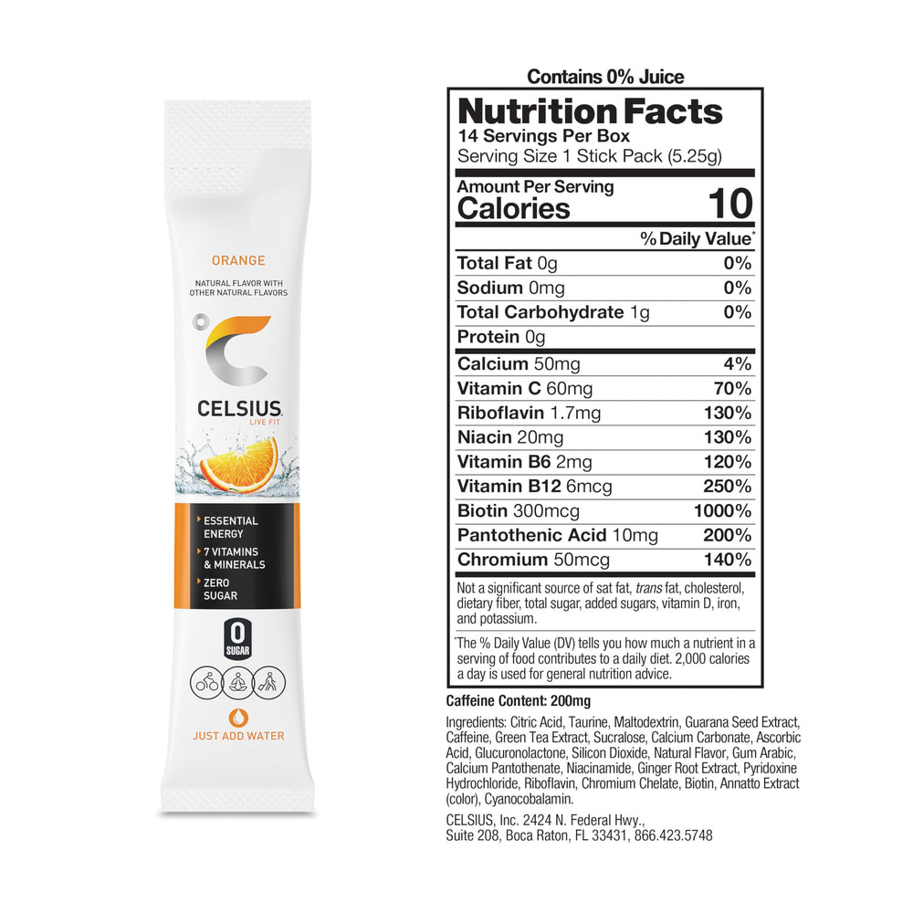 Celsius orange On-the-Go powder sticks packaging highlights travel-friendly energy