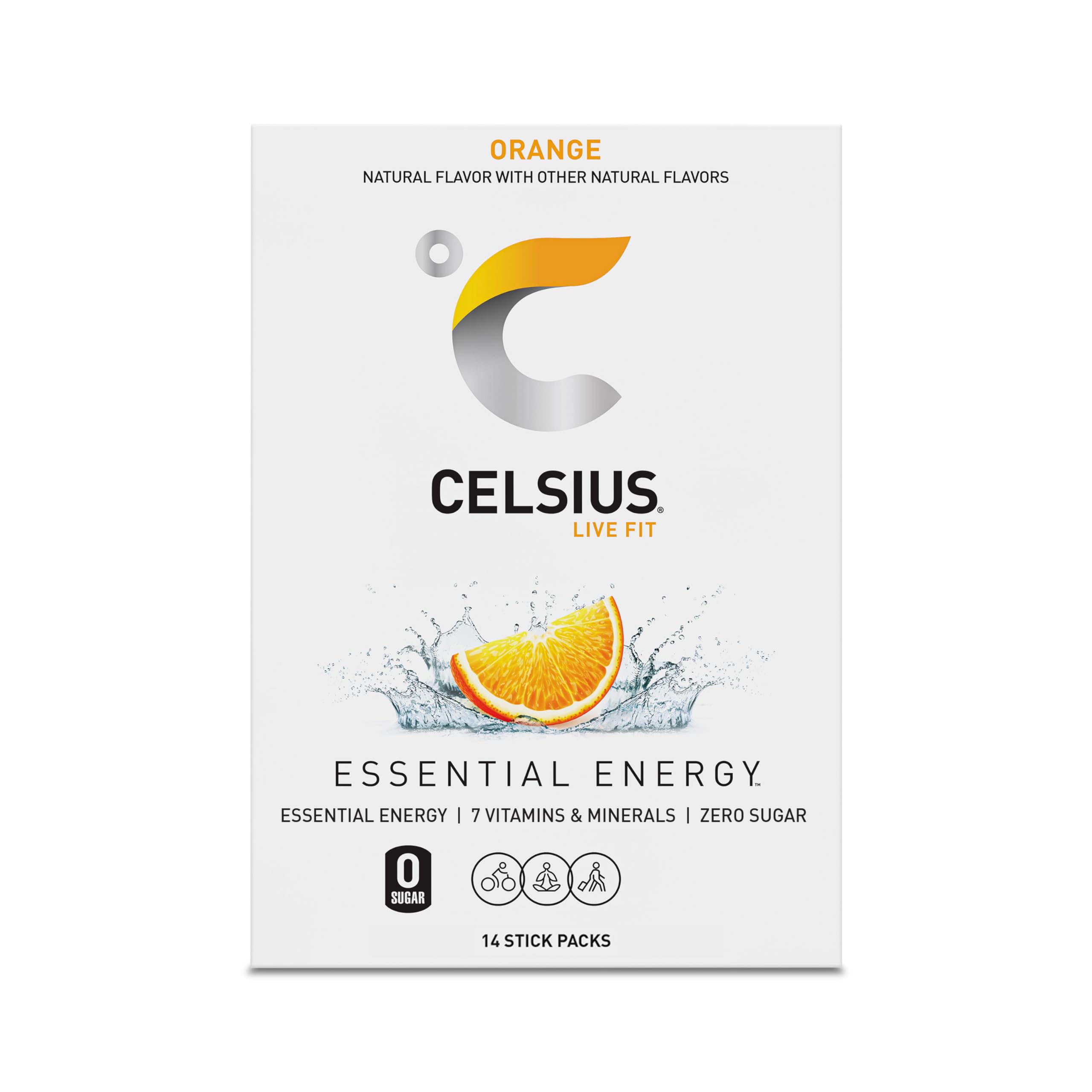 Celsius orange powder box on a backpack hints at portable energy for adventures