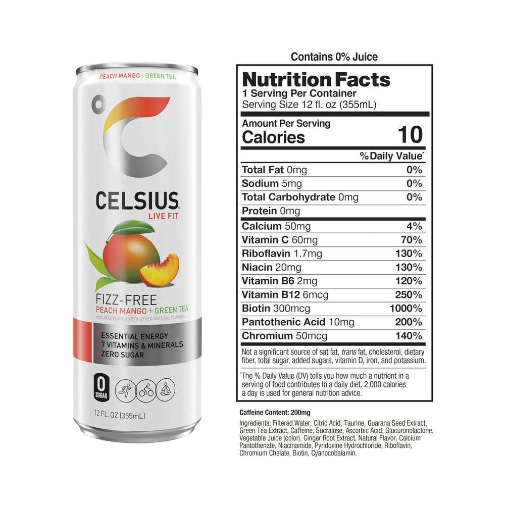 CELSIUS Peach Mango Green Tea bottle front, tropical flavor with clean energy
