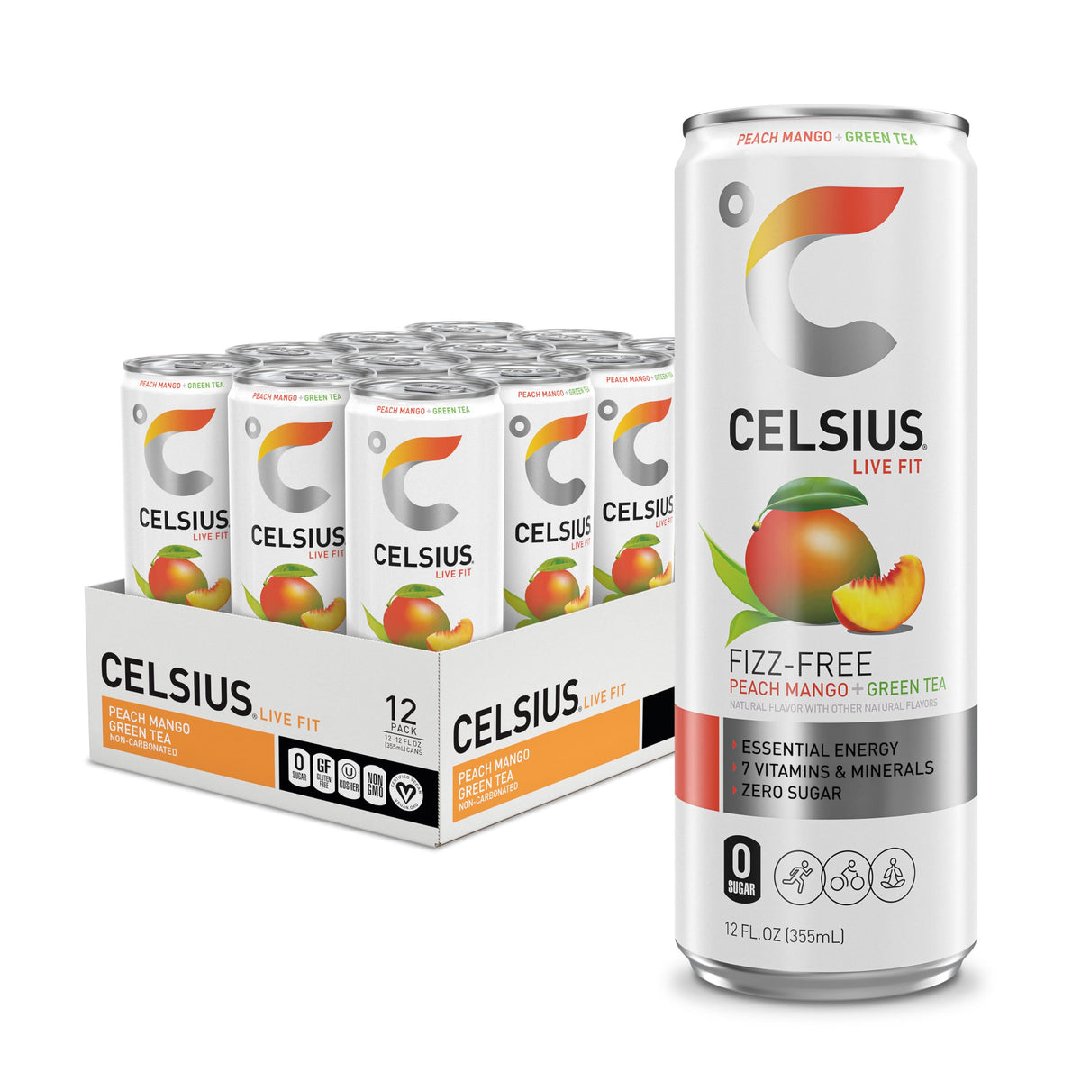 CELSIUS Peach Mango Green Tea can, refreshing energy boost for workouts and focus