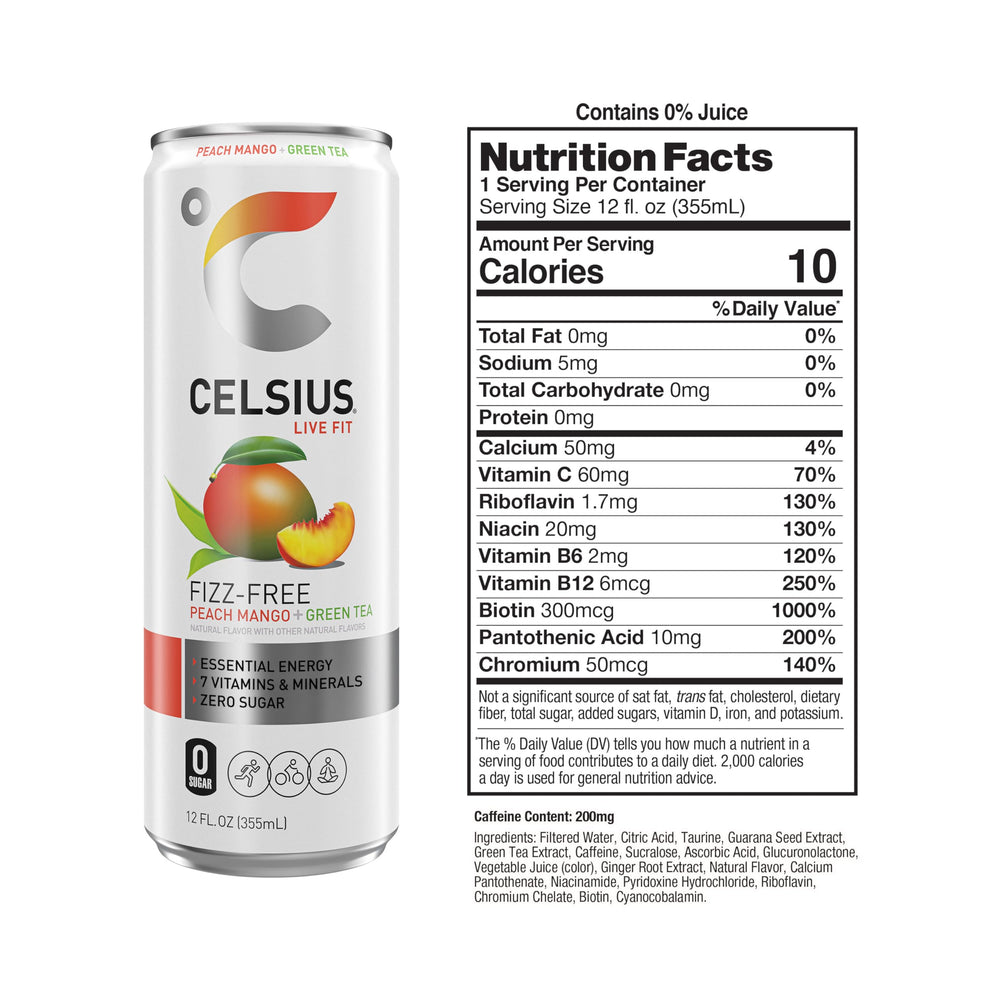 CELSIUS Peach Mango Green Tea label highlights sugar-free energy for active days.