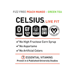 CELSIUS Peach Mango Green Tea label, tropical aroma and vitamin blend