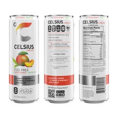 CELSIUS Peach Mango Green Tea being poured, non-carbonated refreshment for on the go