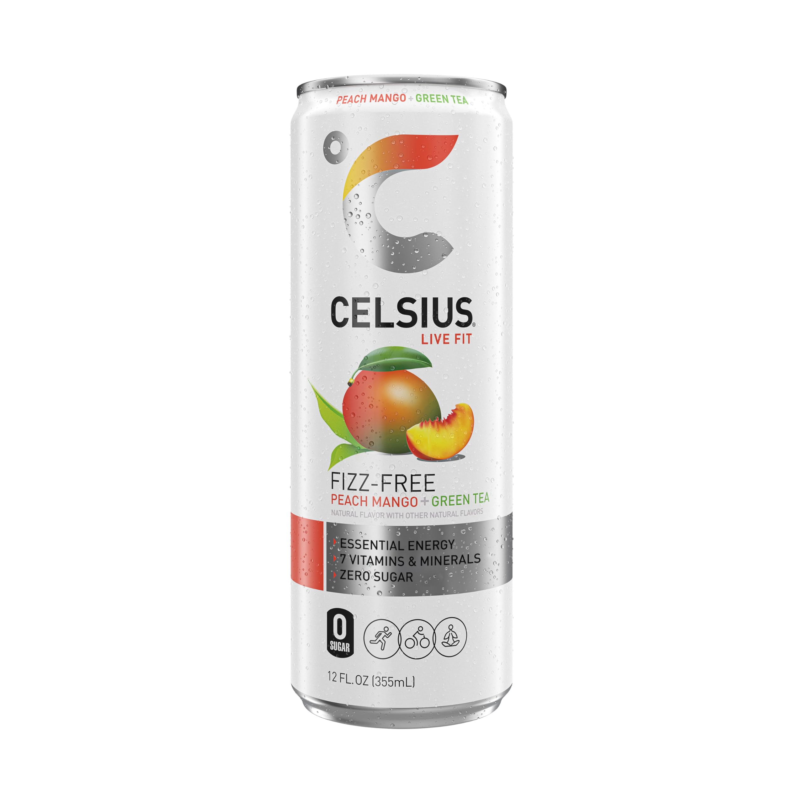 CELSIUS Peach Mango Green Tea serving, non-carbonated energy on the move