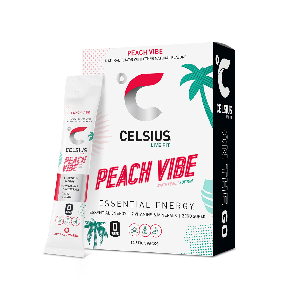 CELSIUS Peach Vibe OTG stick packet ready to mix for on-the-go energy
