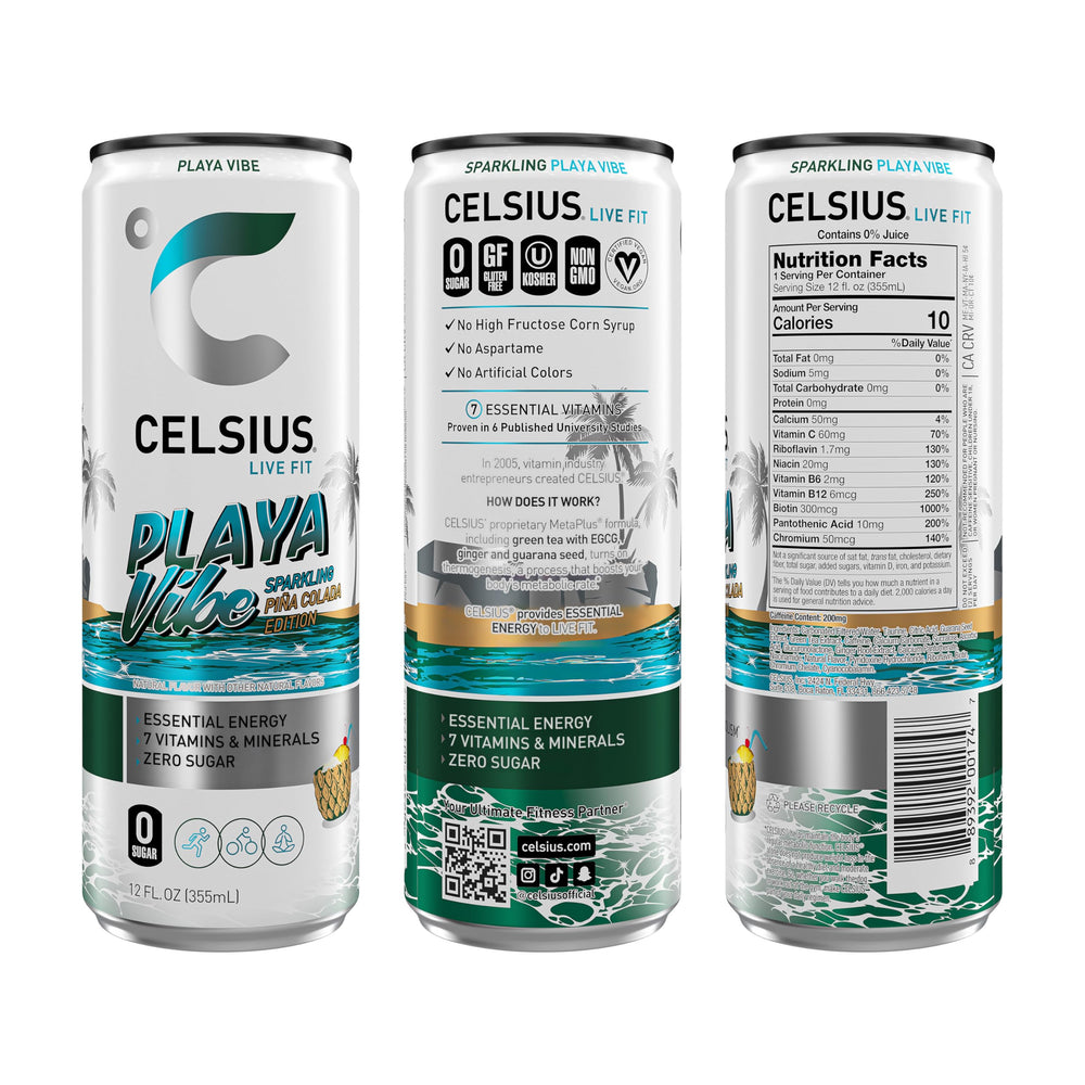 Celsius Playa Vibe can close-up highlighting the sugar-free formula for lean fueling.