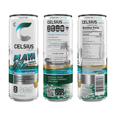 Celsius Playa Vibe can close-up highlighting the sugar-free formula for lean fueling.
