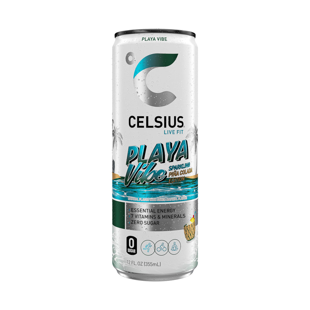Celsius Playa Vibe glass with ice and pineapple garnish, served cold.