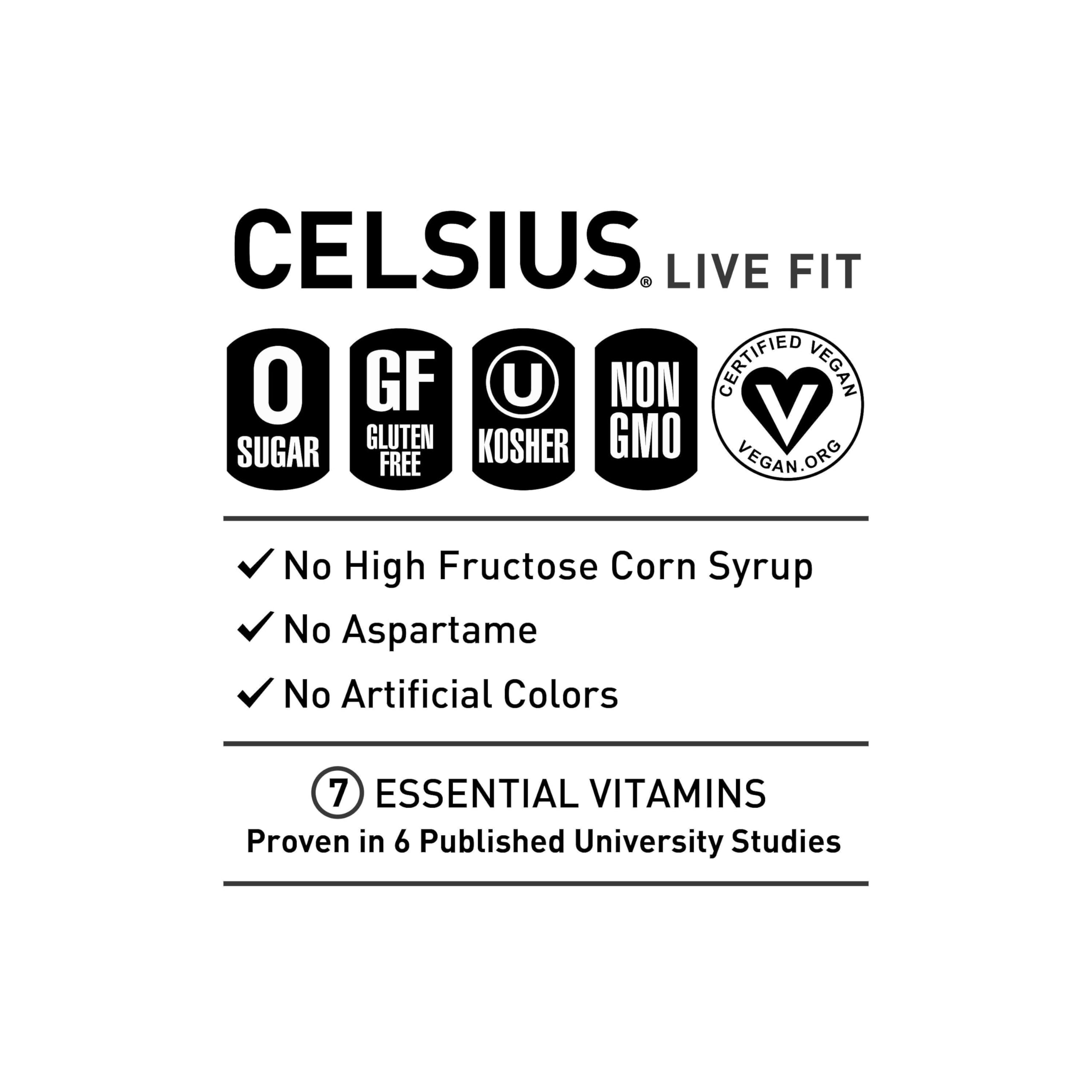 Celsius Playa Vibe label close-up showing vegan, gluten-free, non-GMO claims.
