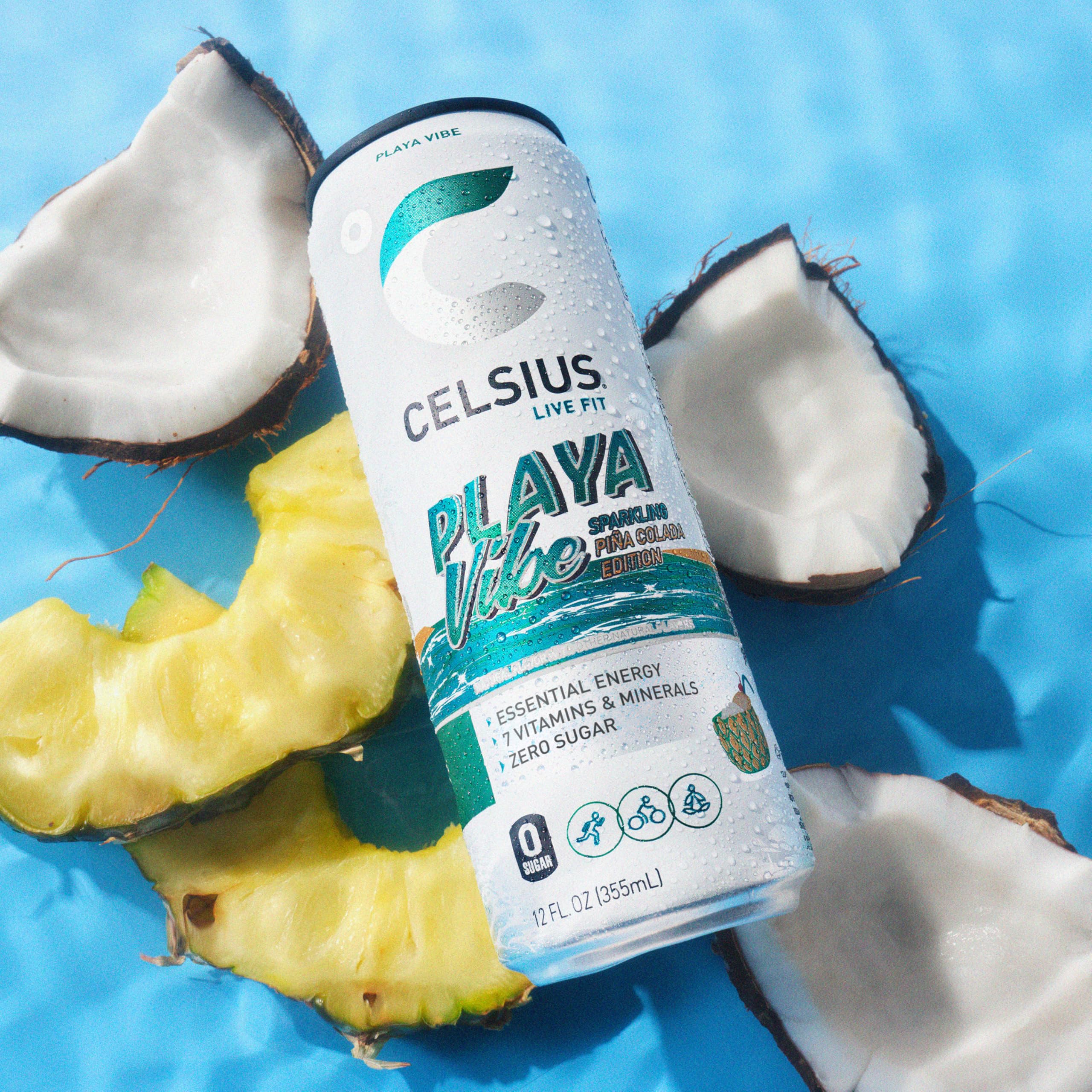 Celsius Playa Vibe 12-pack on shelf in lifestyle kitchen setting.