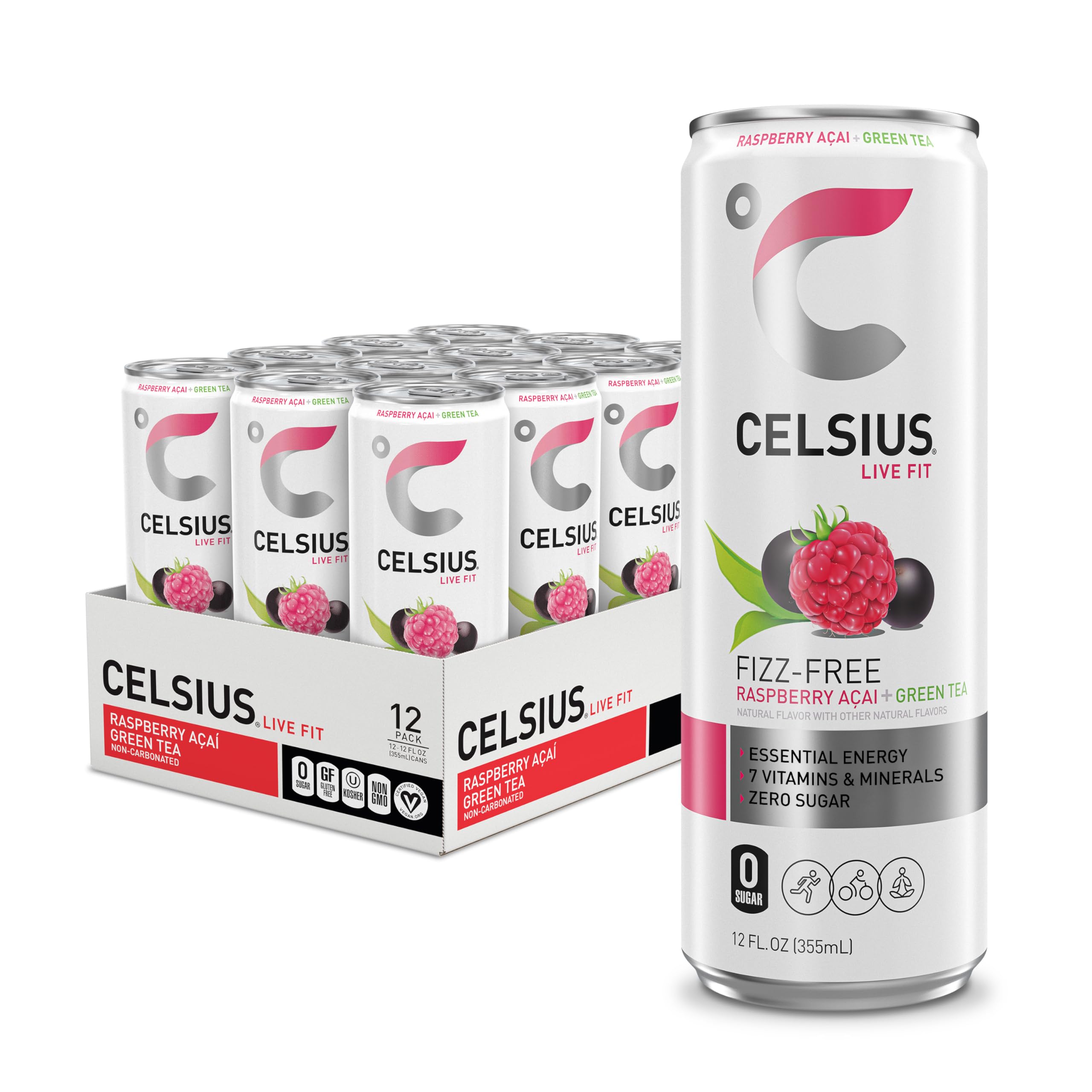 CELSIUS Raspberry Acai can front showing energy-boosting formula for active days