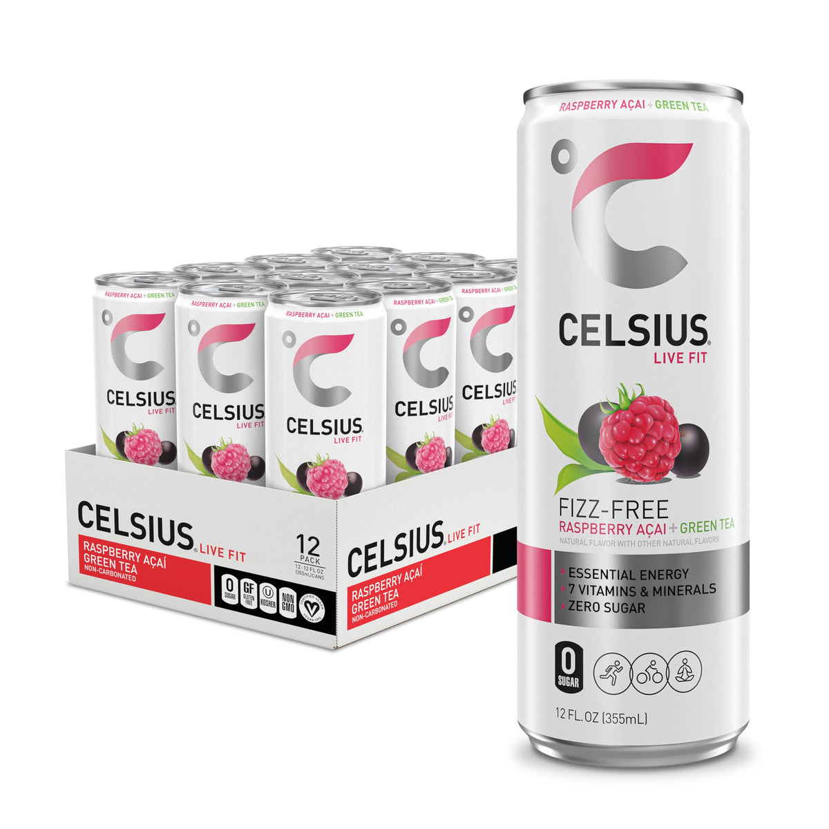 CELSIUS Raspberry Acai can front showing energy-boosting formula for active days