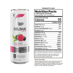 CELSIUS Raspberry Acai can side with sleek on-the-go packaging