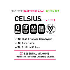 CELSIUS Raspberry Acai label closeup emphasizing clean ingredients and vitamins