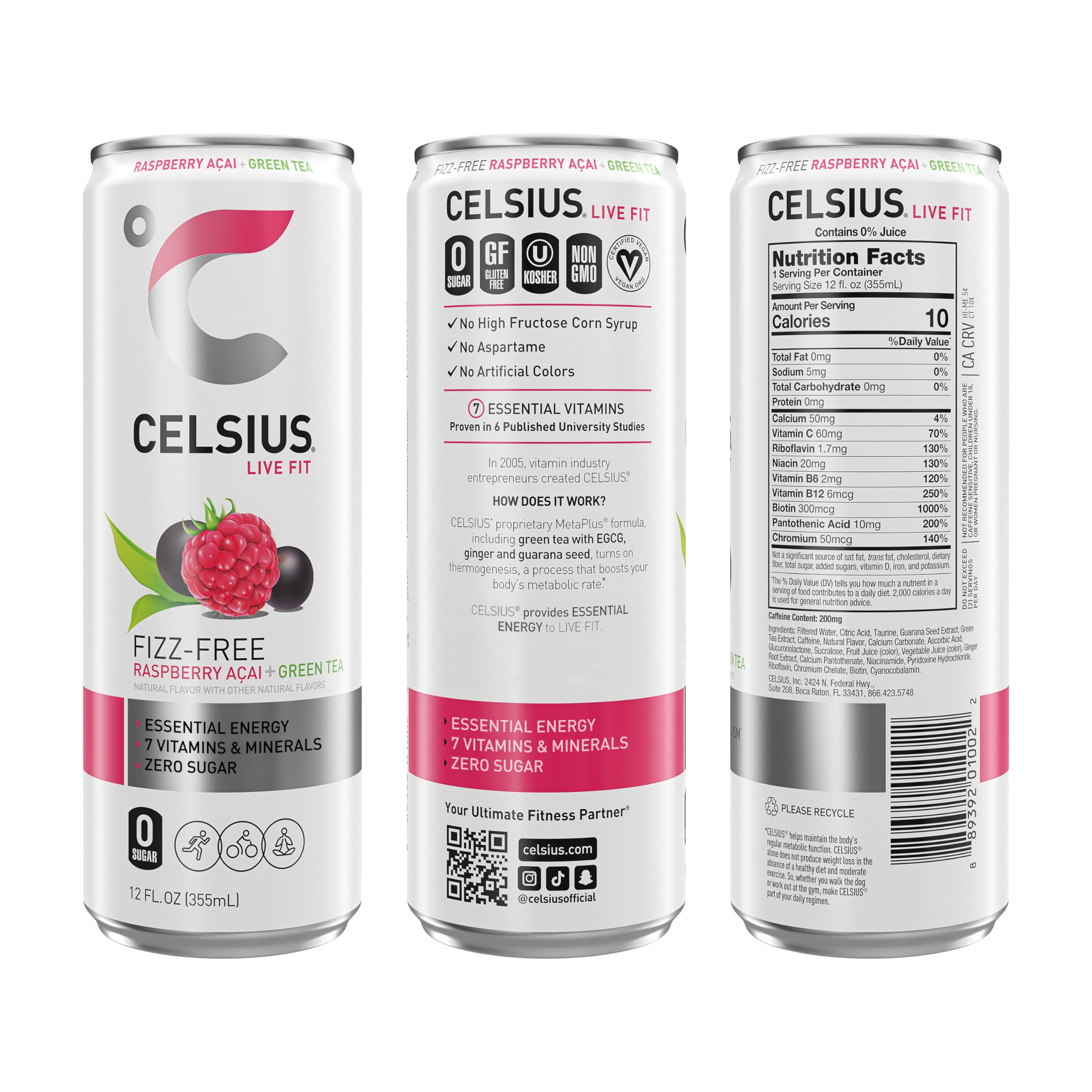 CELSIUS Raspberry Acai pack 12 highlighting value and zero sugar option