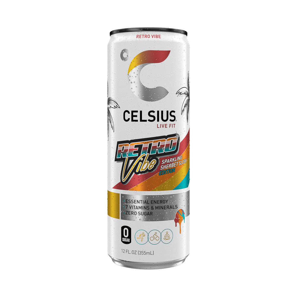 CELSIUS Retro Vibe logo closeup emphasizes vegan and gluten free credentials.