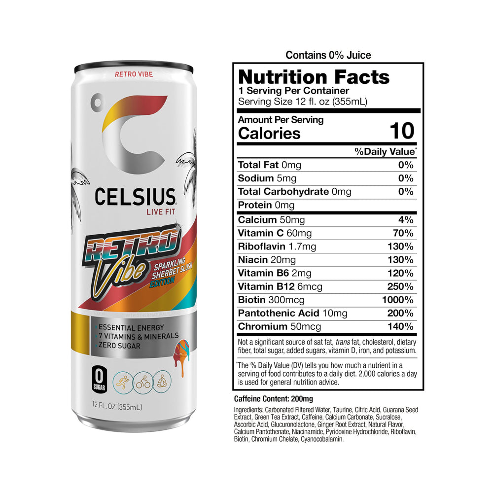 CELSIUS Retro Vibe pack of 12 offers a convenient energy option.