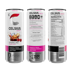 Close-up label on CELSIUS features 7 essential vitamins and vegan certification for mindful refreshment.