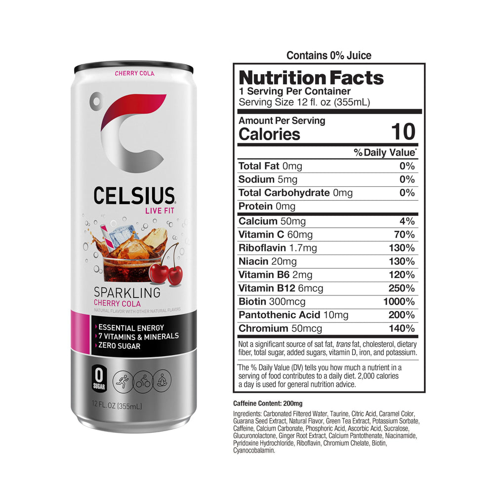 CELSIUS Sparkling Cherry Cola 12-pack shows convenient packaging for on-the-go workouts.