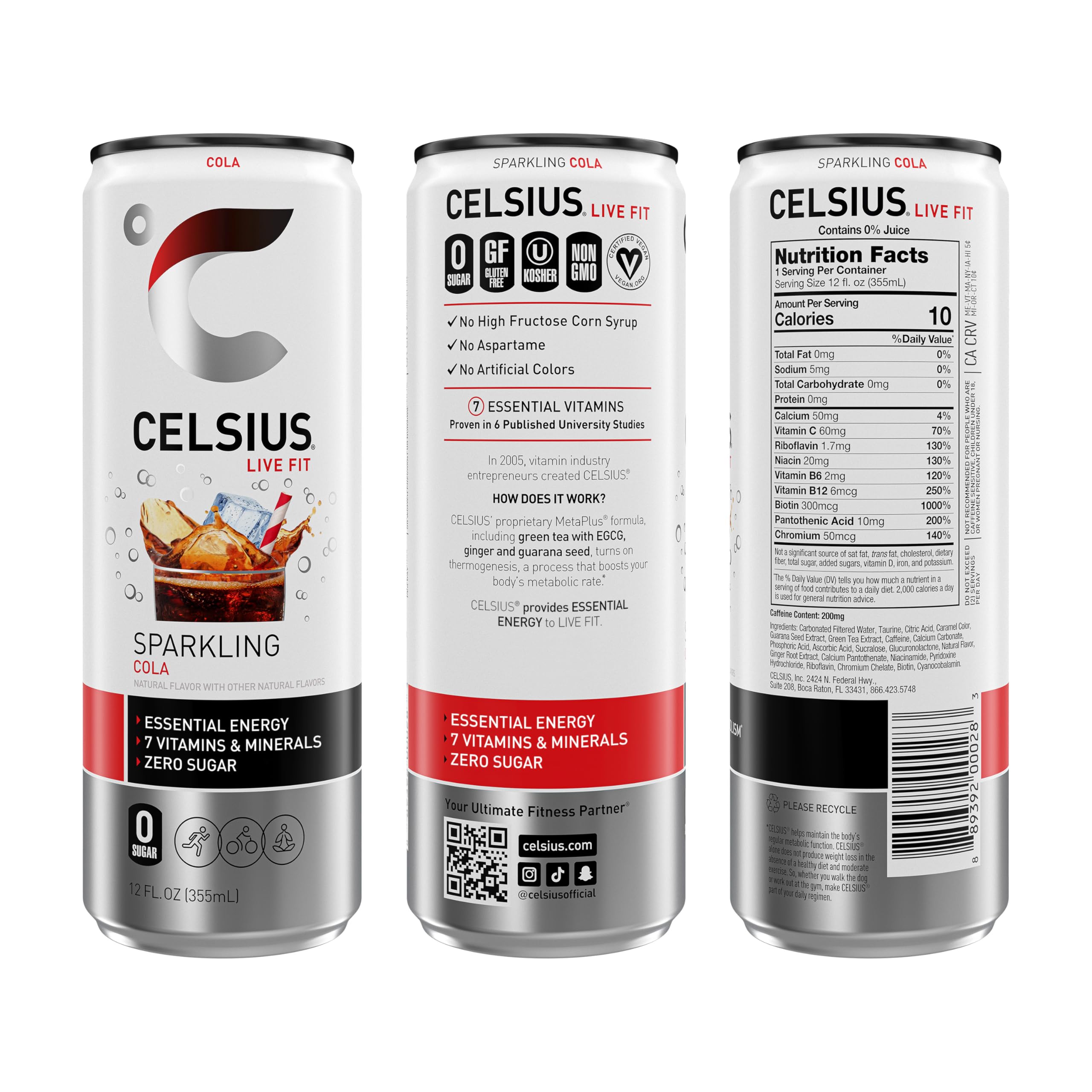 CELSIUS Sparkling Cola can side view highlighting zero sugar and clean ingredients.