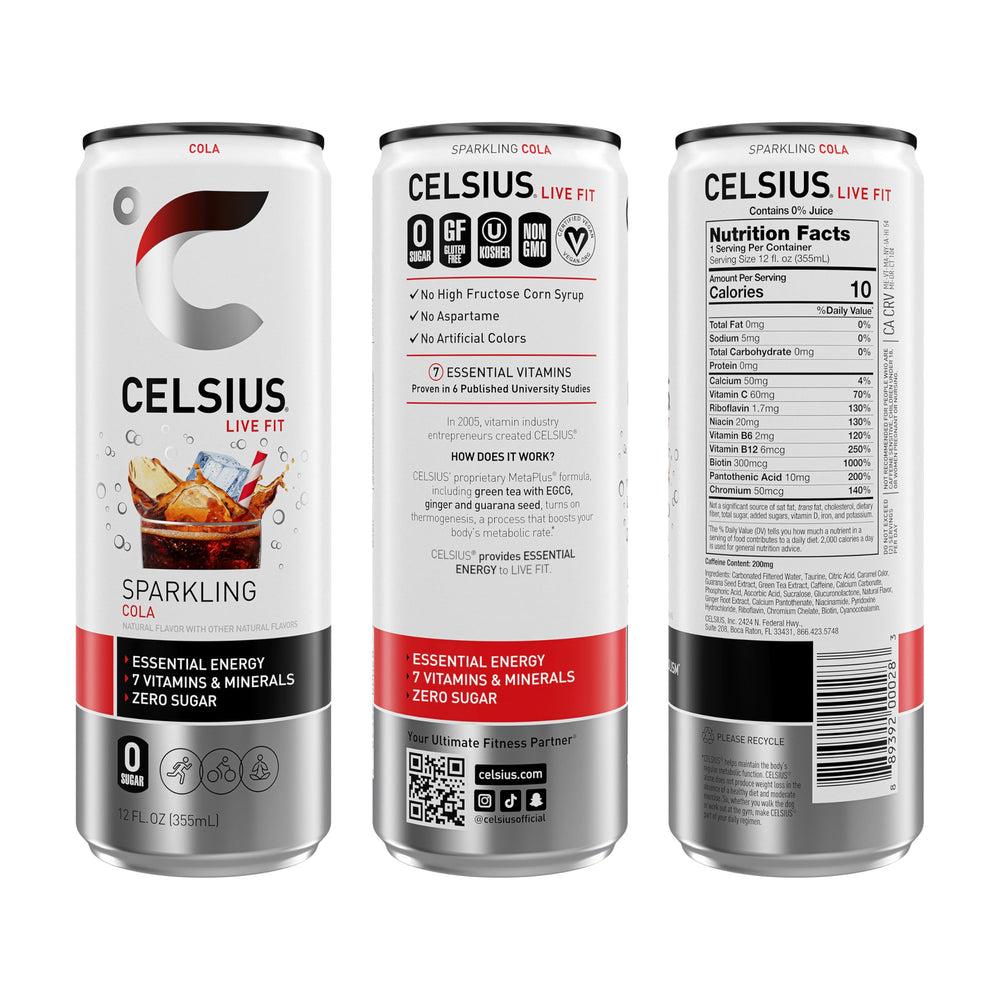 CELSIUS Sparkling Cola can side view highlighting zero sugar and clean ingredients.