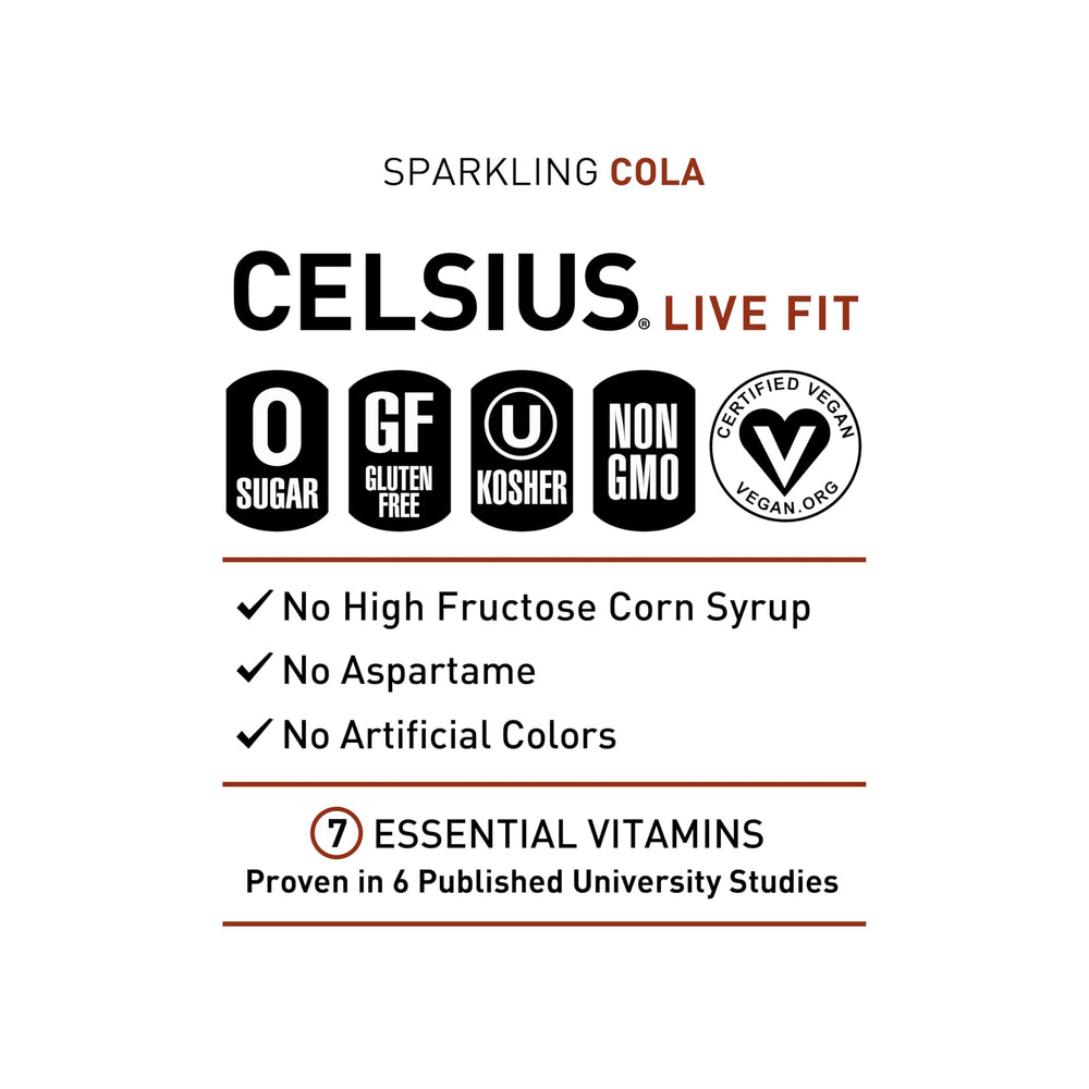 12-pack of CELSIUS Sparkling Cola cans for on-the-go energy.