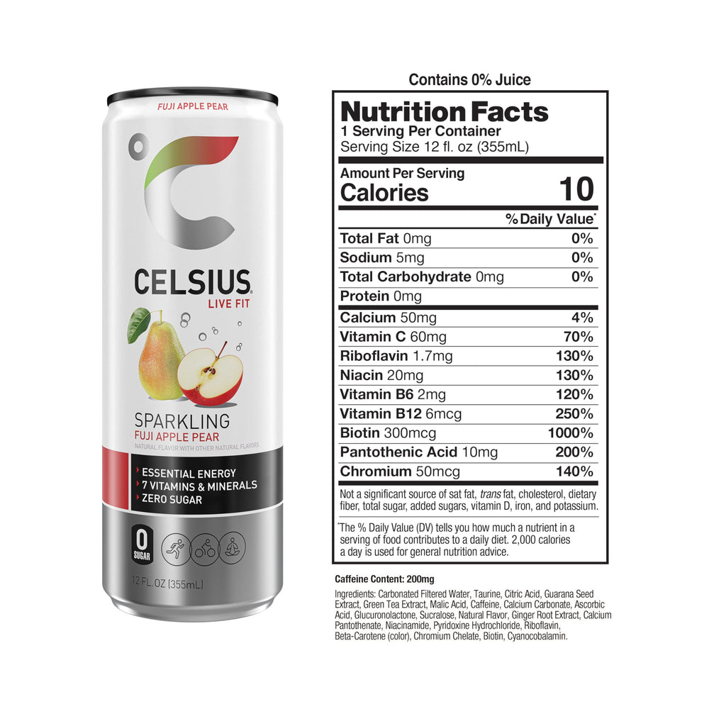 CELSIUS Sparkling Fuji Apple Pear label highlights crisp flavor and clean ingredients.