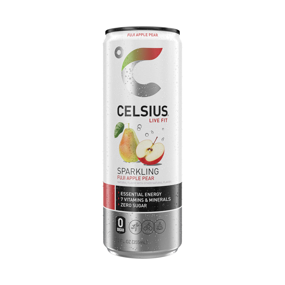 CELSIUS Sparkling Fuji Apple Pear lifestyle image features active individuals enjoying energy.