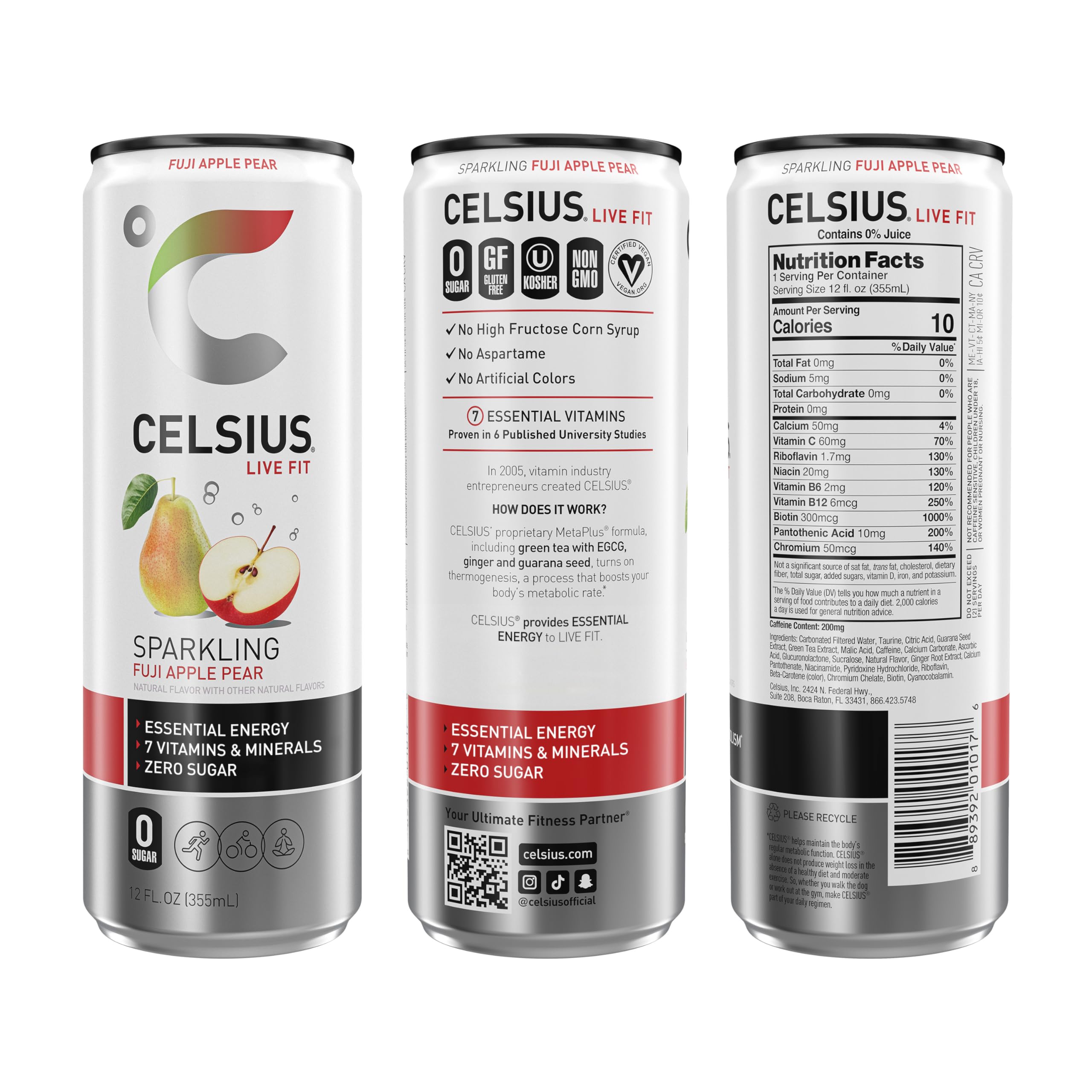 CELSIUS Sparkling Fuji Apple Pear nutrition panel shows zero sugar and vitamins.