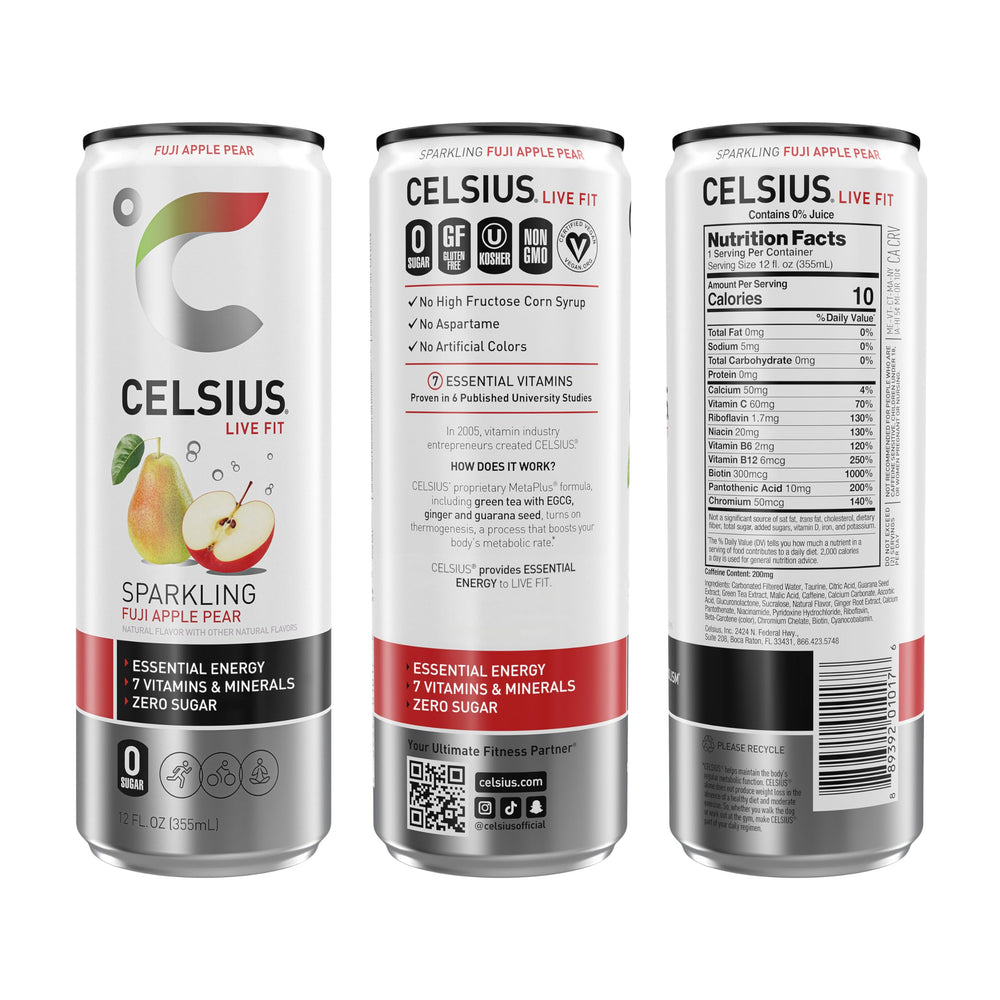 CELSIUS Sparkling Fuji Apple Pear nutrition panel shows zero sugar and vitamins.