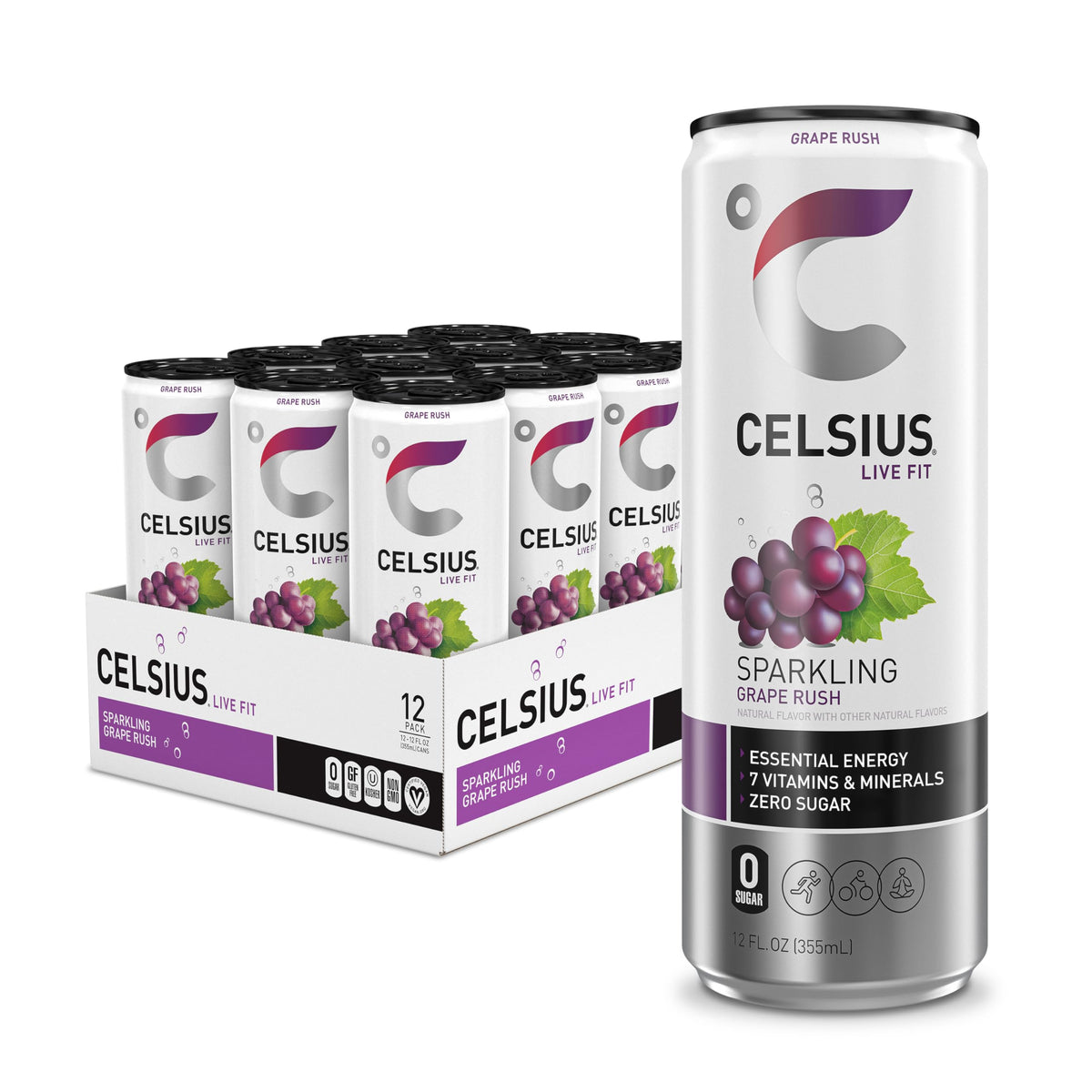 Celsius Sparkling Grape Rush can front with vibrant label, a refreshing energy boost for workouts.