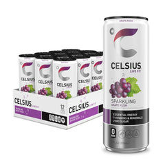 Celsius Sparkling Grape Rush can front with vibrant label, a refreshing energy boost for workouts.