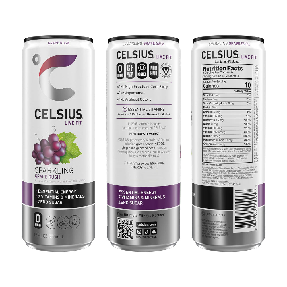 Celsius Sparkling Grape Rush can side view highlights portable energy for workouts.
