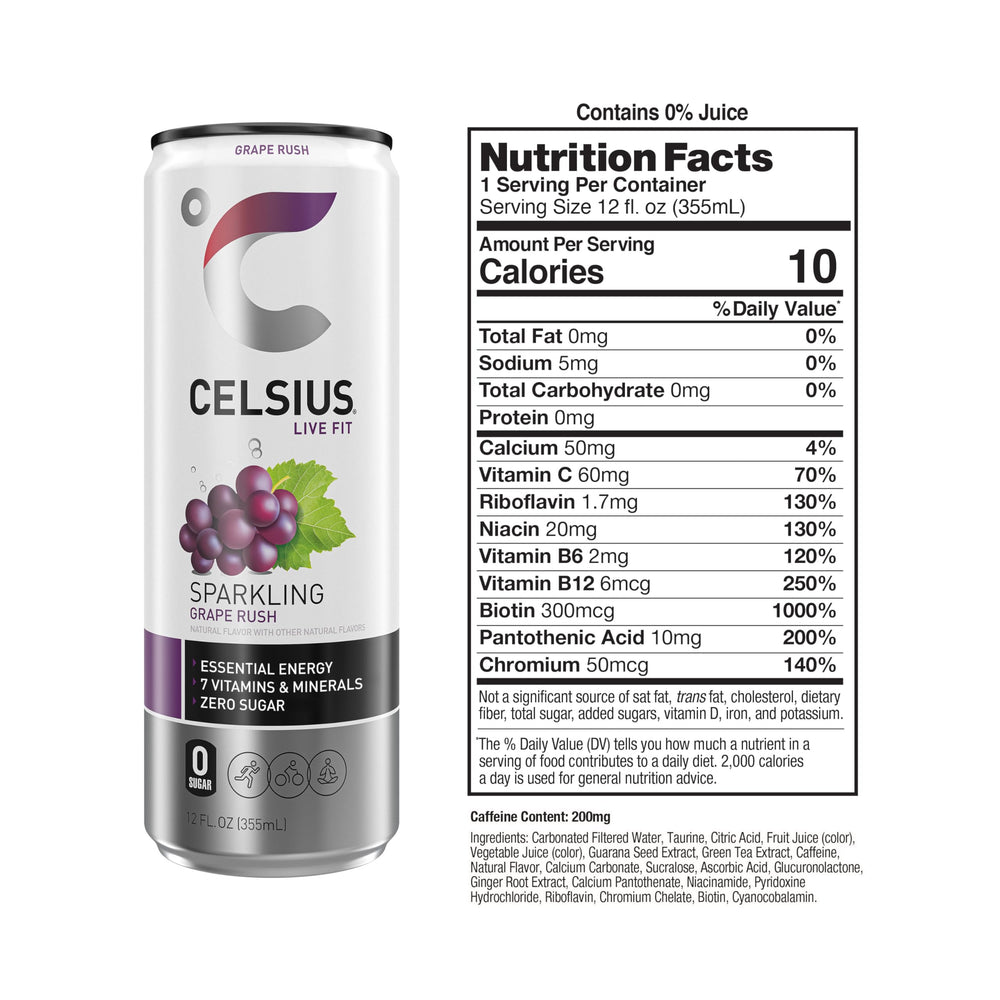 Celsius Sparkling Grape Rush pours into a glass for juicy flavor and alert energy.