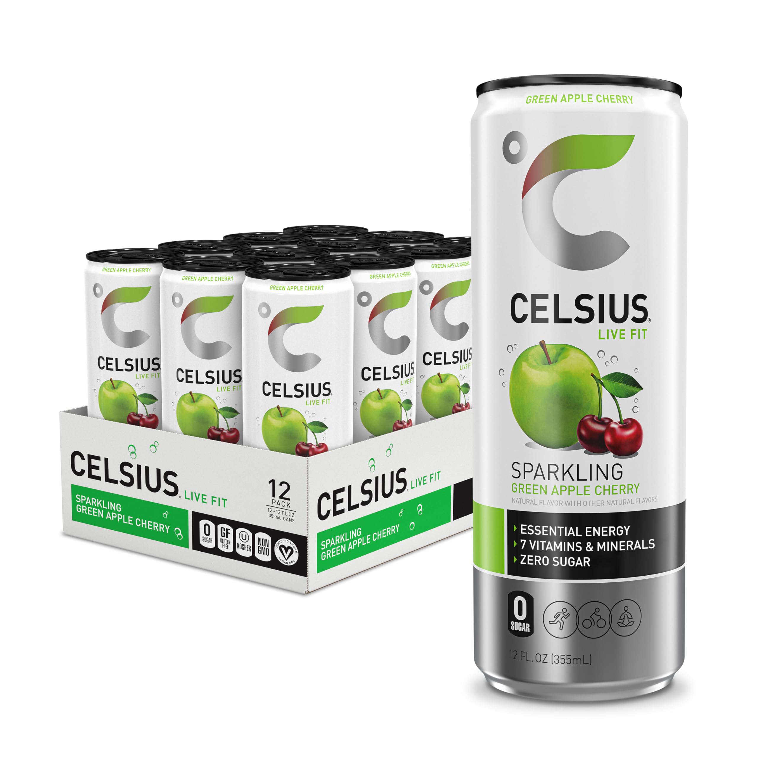 CELSIUS Sparkling Green Apple Cherry bottle promotes energetic refreshment for active routines