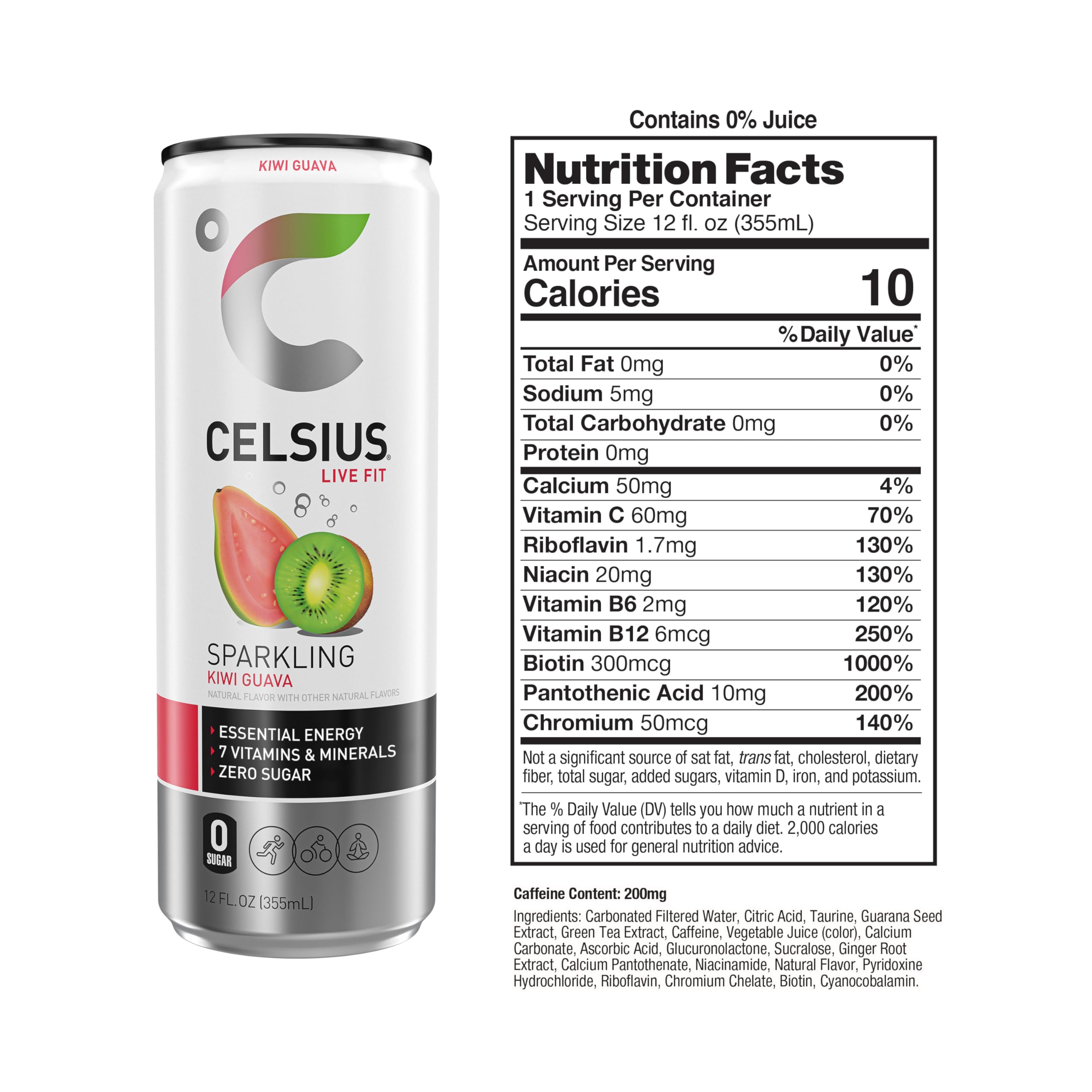 CELSIUS 12-pack display of kiwi guava cans for on-the-go hydration.