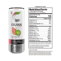 CELSIUS 12-pack display of kiwi guava cans for on-the-go hydration.