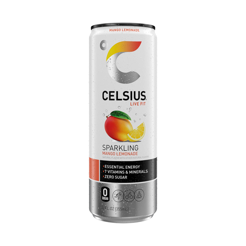 CELSIUS Sparkling Mango Lemonade bottle in action during sport or gym session.