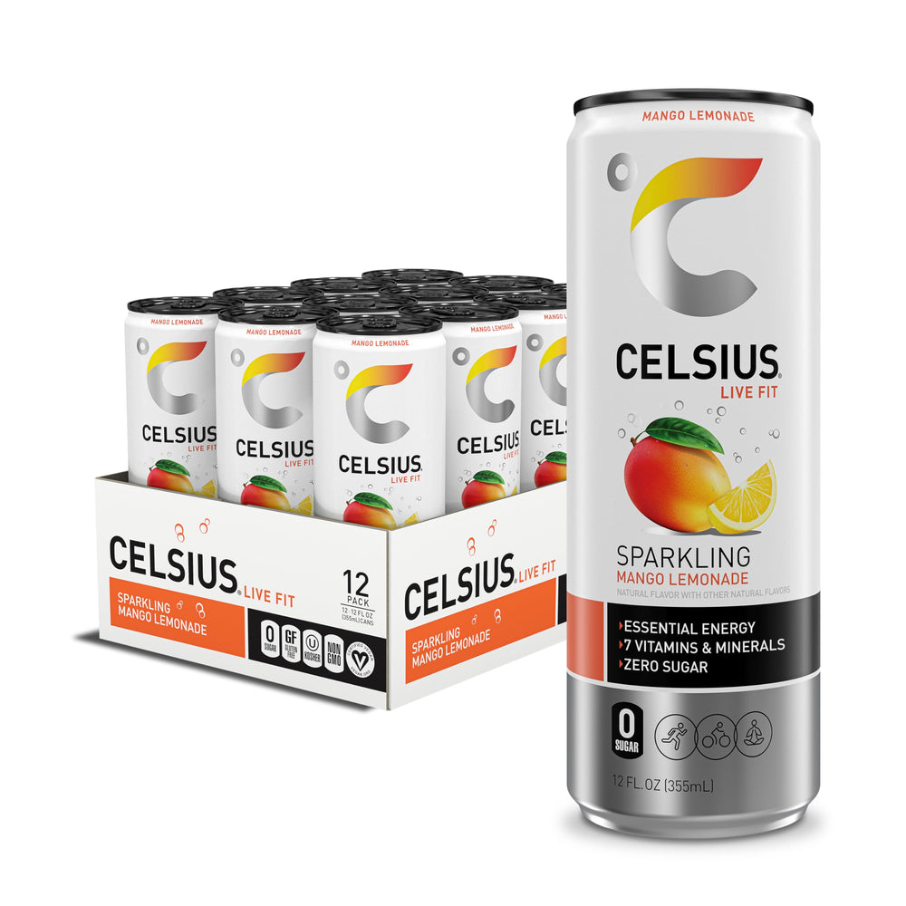 CELSIUS Sparkling Mango Lemonade can closeup showing vibrant color and on-the-go energy.
