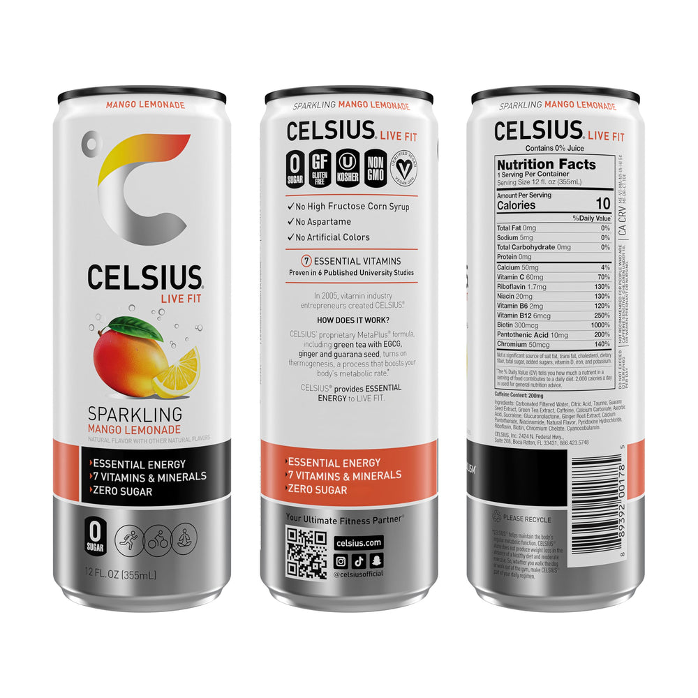 CELSIUS Sparkling Mango Lemonade glass with ice highlights refreshing citrus-mango flavor.