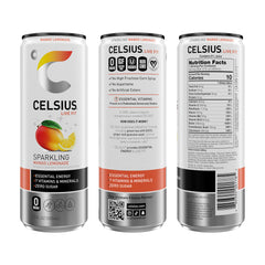 CELSIUS Sparkling Mango Lemonade glass with ice highlights refreshing citrus-mango flavor.