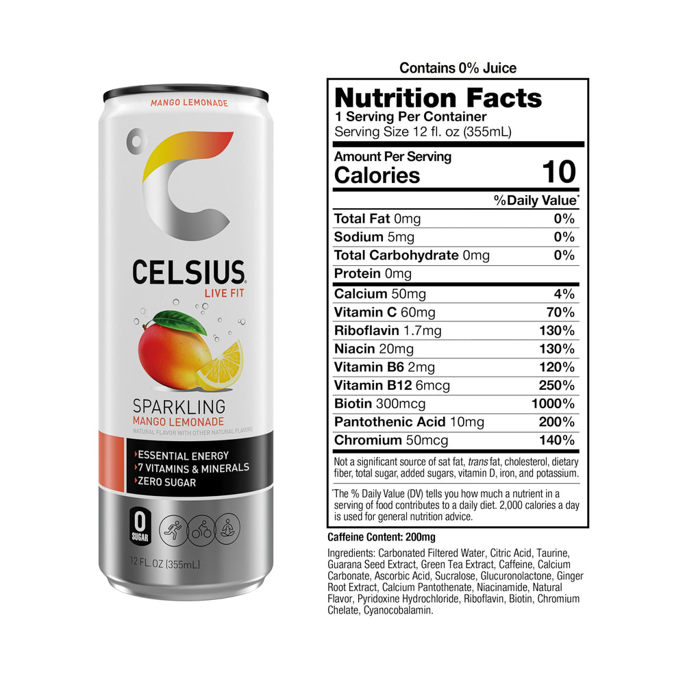 CELSIUS Sparkling Mango Lemonade pack 12 cans ready for workouts or on-the-go energy.