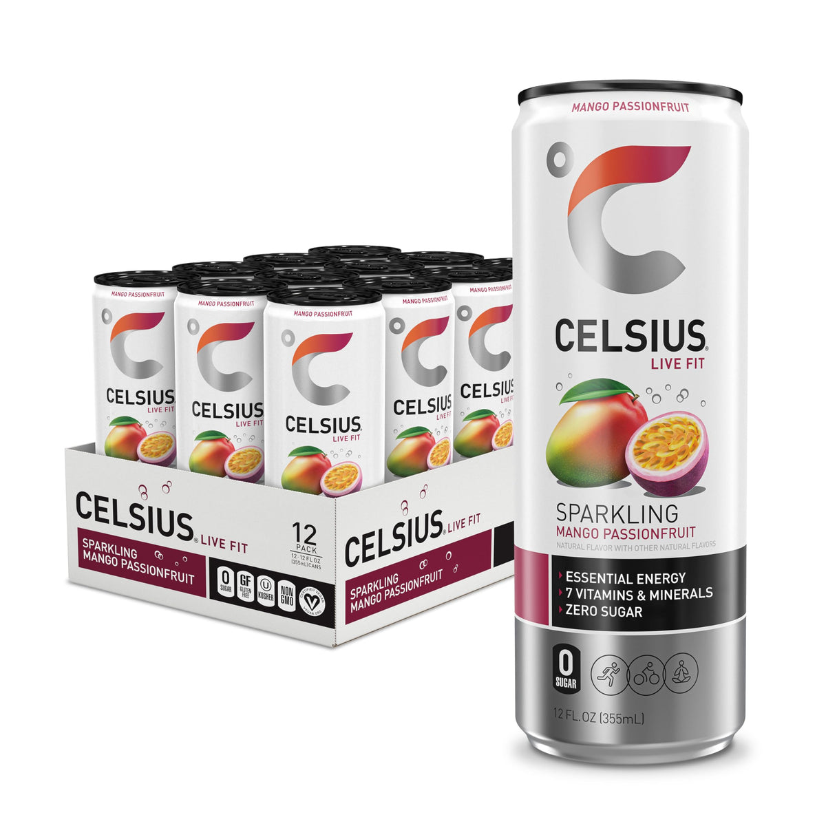 CELSIUS Sparkling Mango Passionfruit can front view, energy-boosting flavor.
