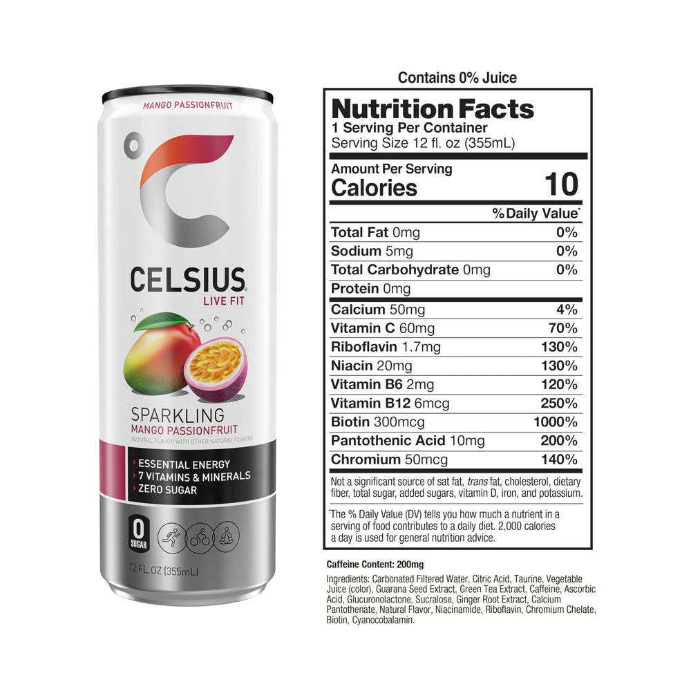 CELSIUS can pouring into glass reveals mango-passionfruit fusion and refreshment.