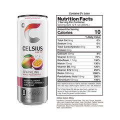 CELSIUS can pouring into glass reveals mango-passionfruit fusion and refreshment.